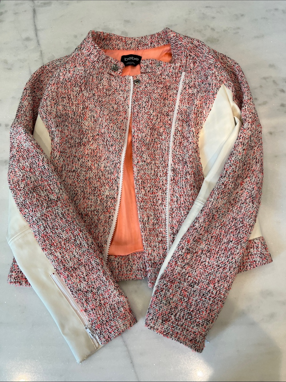 bebe Pink Tweed Jacket with Cream Sleeve Panels